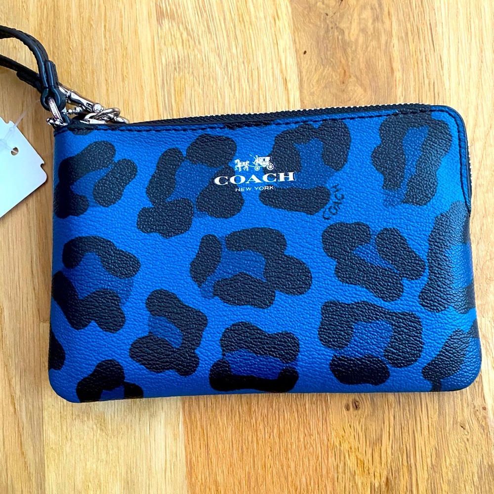 Blue/black leopard print coach wristlet